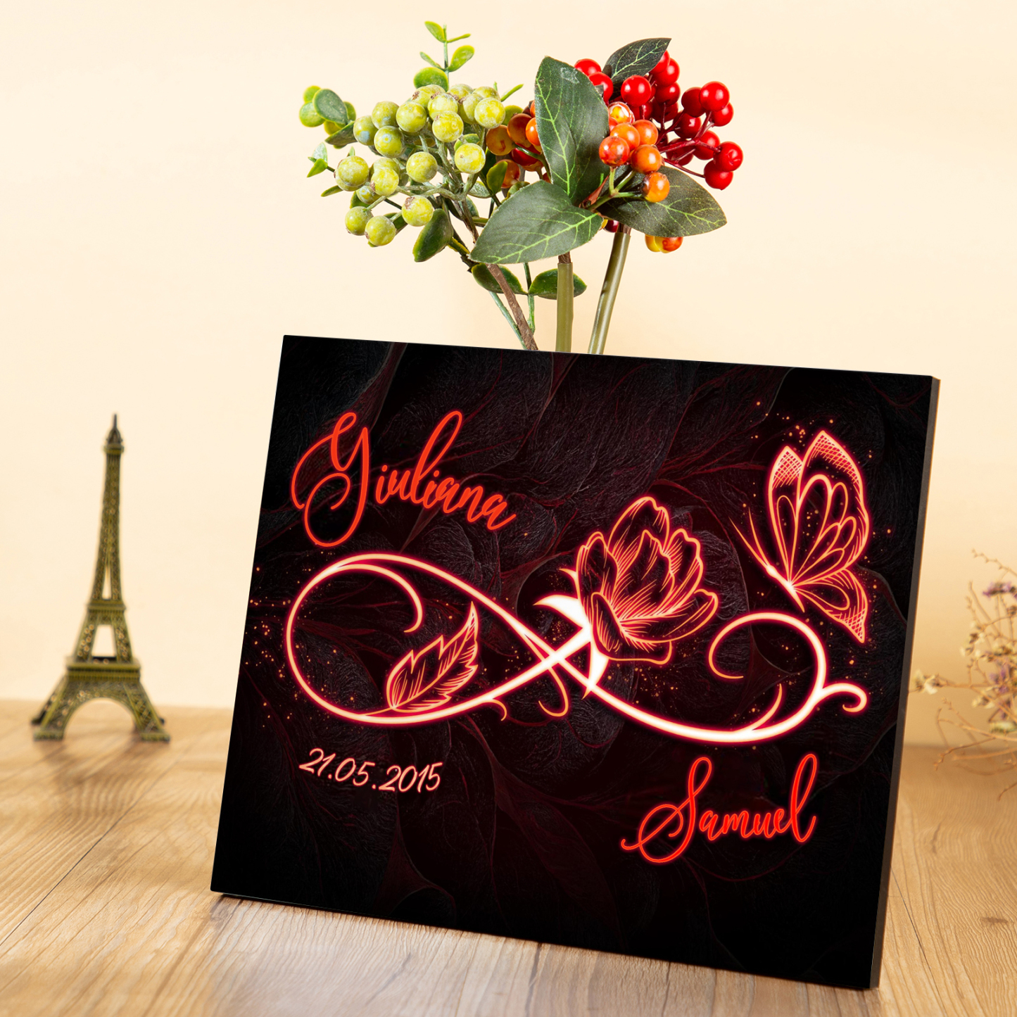 Lámina "nudo infinito de rosa" marco de madera para pareja 2 nombres personalizados con fecha-Jessemade ES