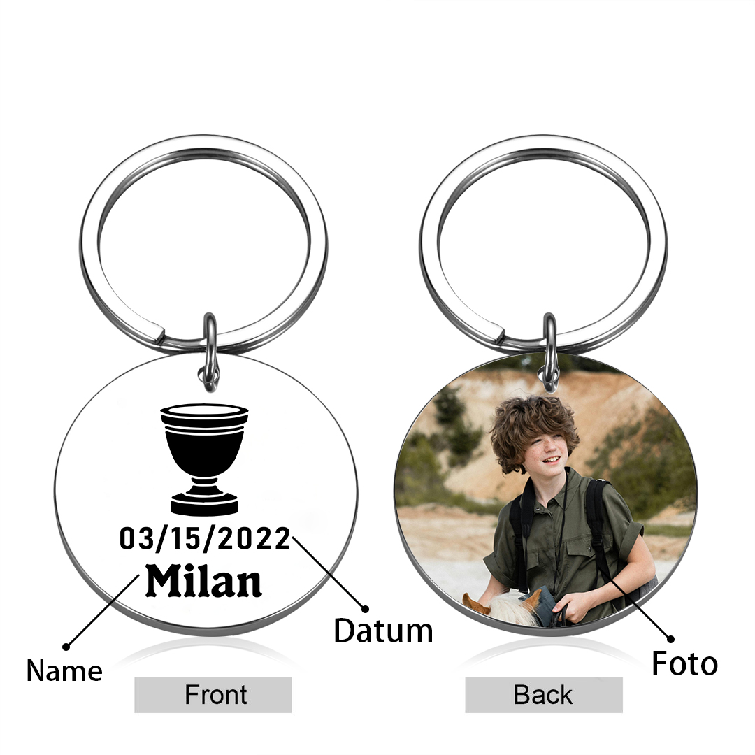 Comunión-Llavero con icono de comunión 1 foto, 1 fecha y 1 nombre personalizados-Jessemade ES