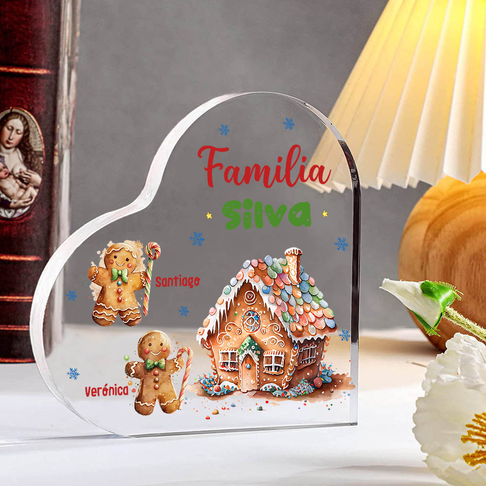 Navidad - Placa de acrílico en forma de corazón jengibres y su casa con 2 nombres y 1 texto personalizados-Jessemade ES