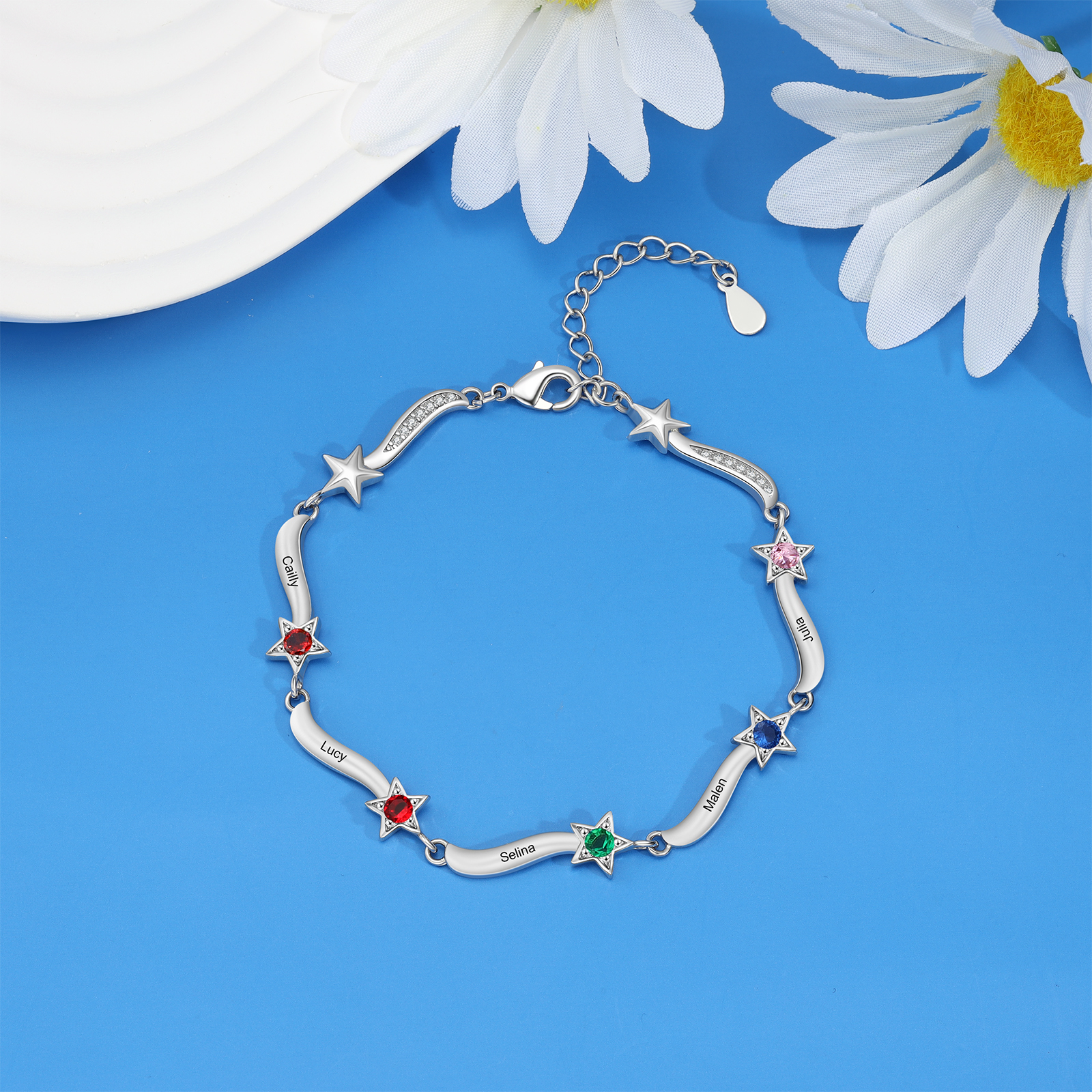 Pulsera Brazalete personalizada de 5 nombres y estrellas con 5 piedras de nacimiento-Jessemade ES