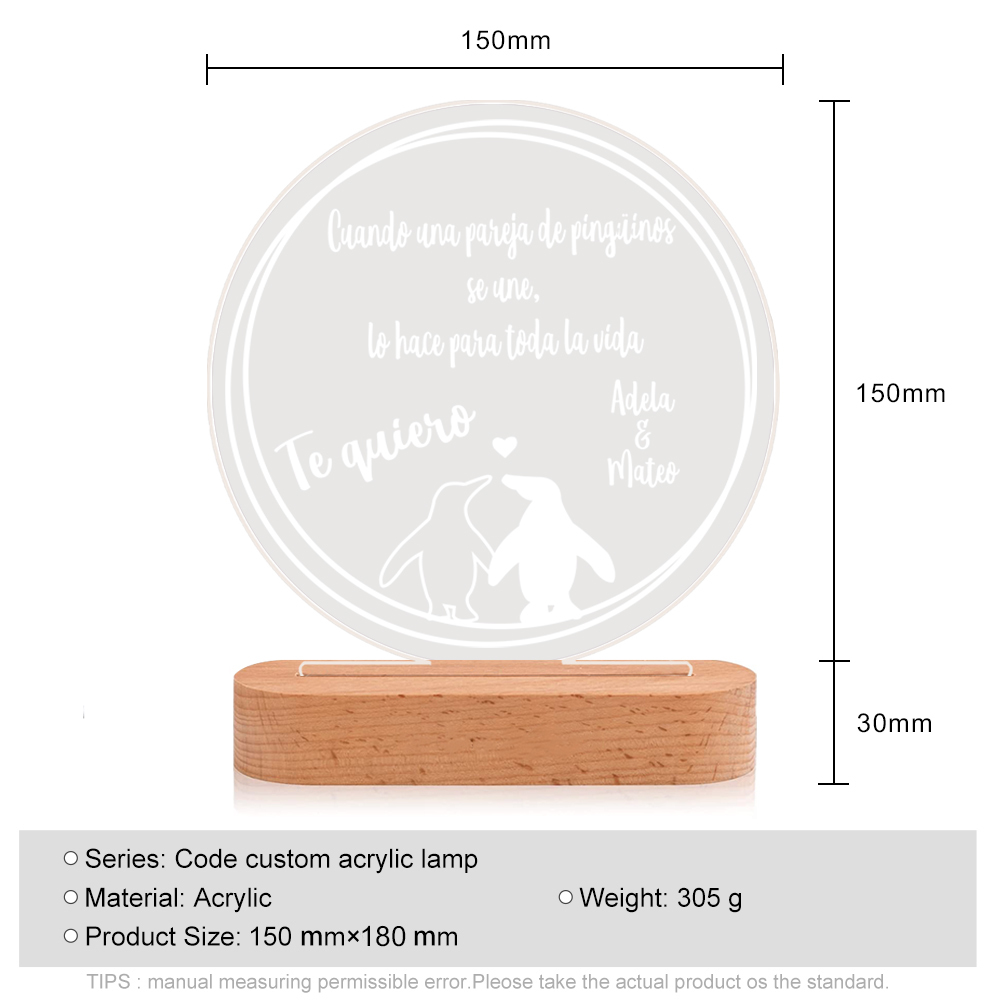 Valentín-Lámpara Ilusión 3D Luz de Noche LED Pingüinos con 2 Nombres Personalizados-Jessemade ES