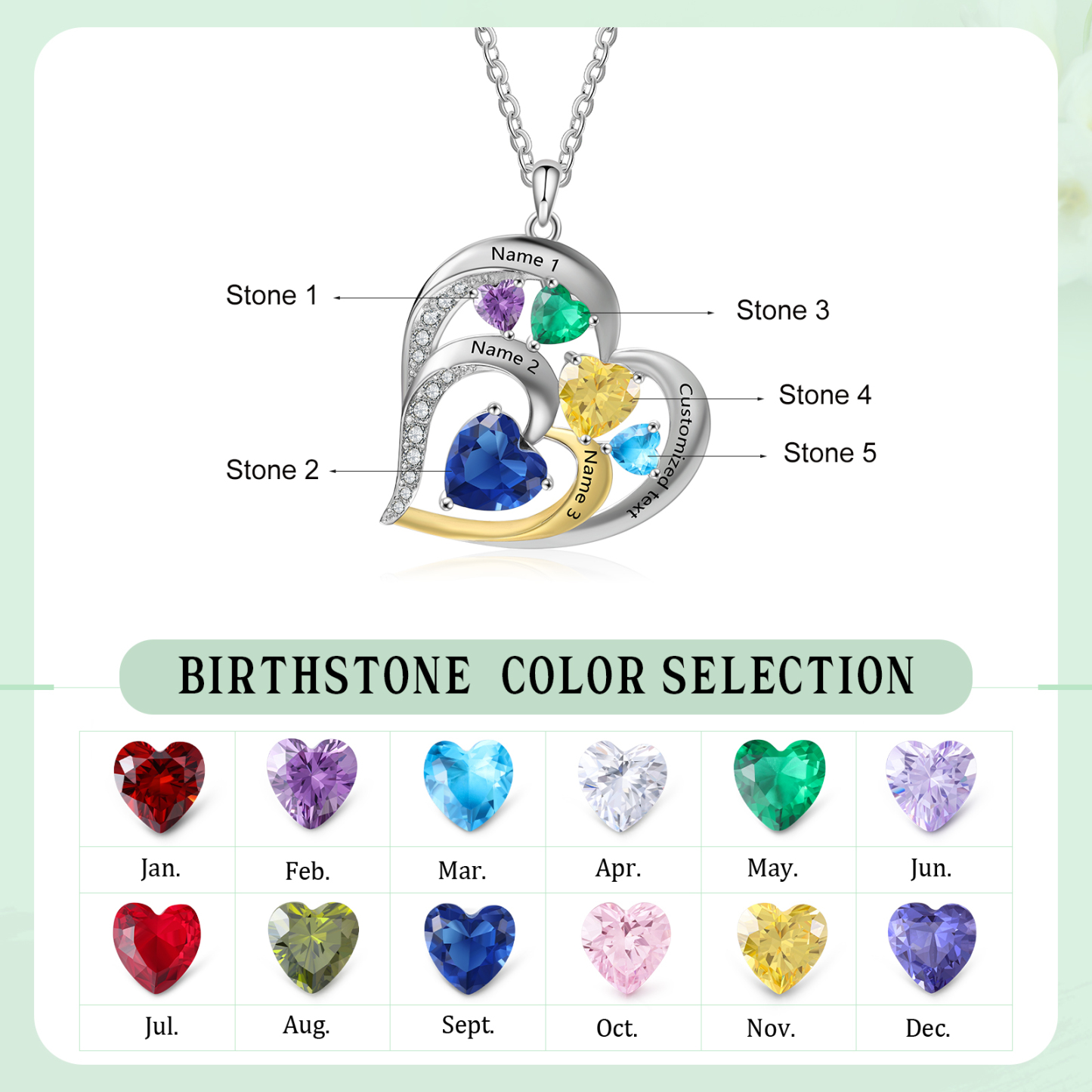 Collar corazón con 3 nombres, 1 texto y 5 piedras de nacimiento personalizados-Jessemade ES