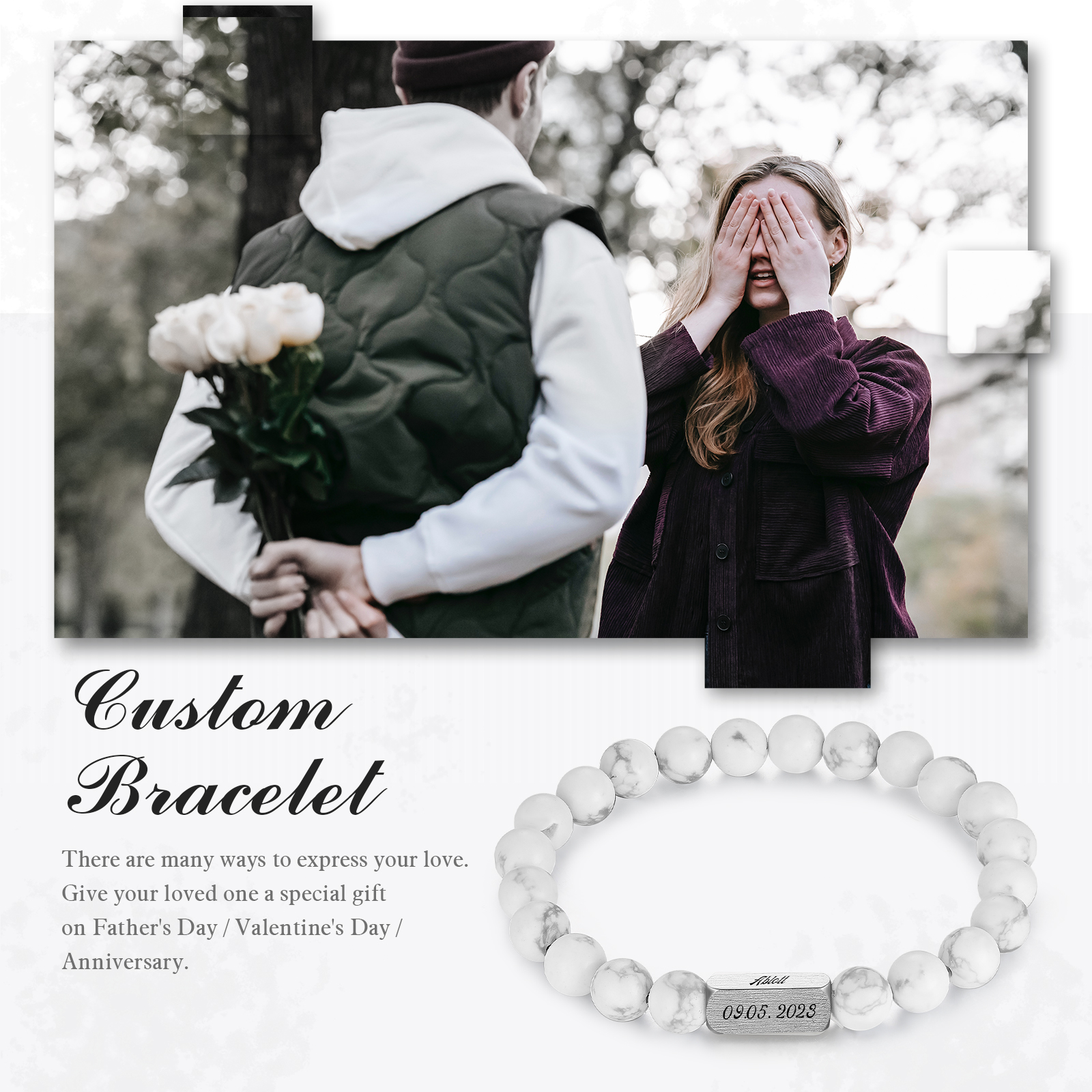 Pulsera de perlas personalizada con nombre y fecha para hombre-Jessemade ES