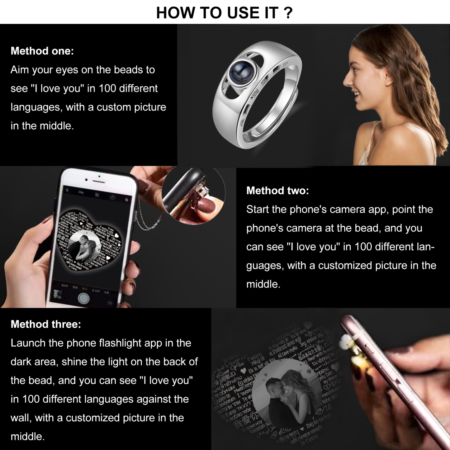 Anillo con proyección de foto anillo ajustable-Jessemade ES