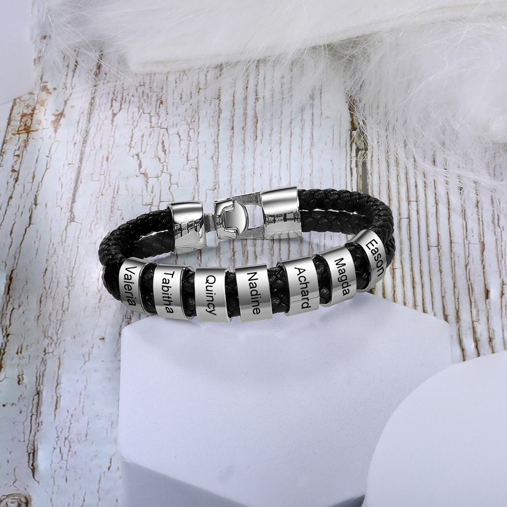 Pulsera 1-8 Nombres Personalizados de Cuero Trenzado con Aros-Jessemade ES