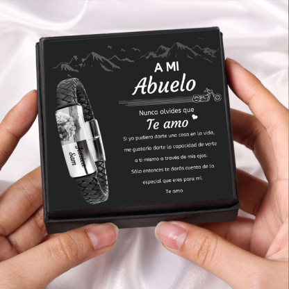 A mi abuelo - Pulsera de cuero trenzado personalizada con 2 nombres y 1 foto para hombre