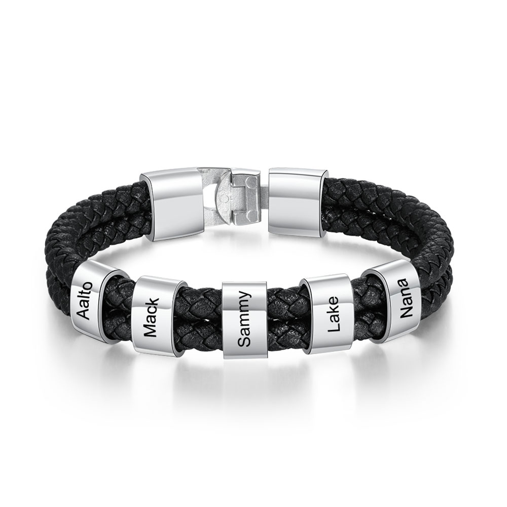 Pulsera 1-8 Nombres Personalizados de Cuero Trenzado con Aros-Jessemade ES