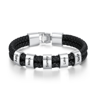 Pulsera 1-8 Nombres Personalizados de Cuero Trenzado con Aros-Jessemade ES