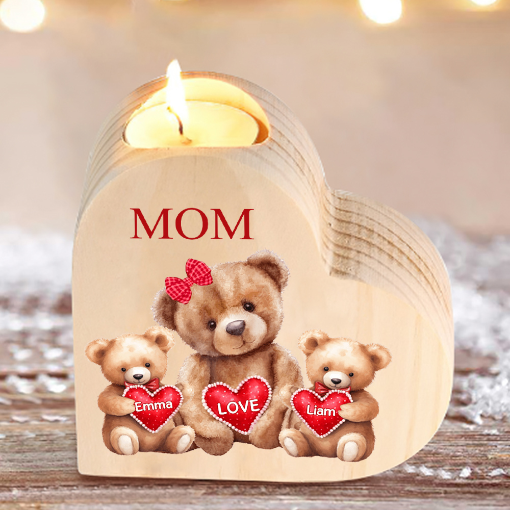 A mi mamá/abuela-Candelero osos 1-6 nombres y 1 texto personalizados en forma de corazón de madera sin candela-Jessemade ES