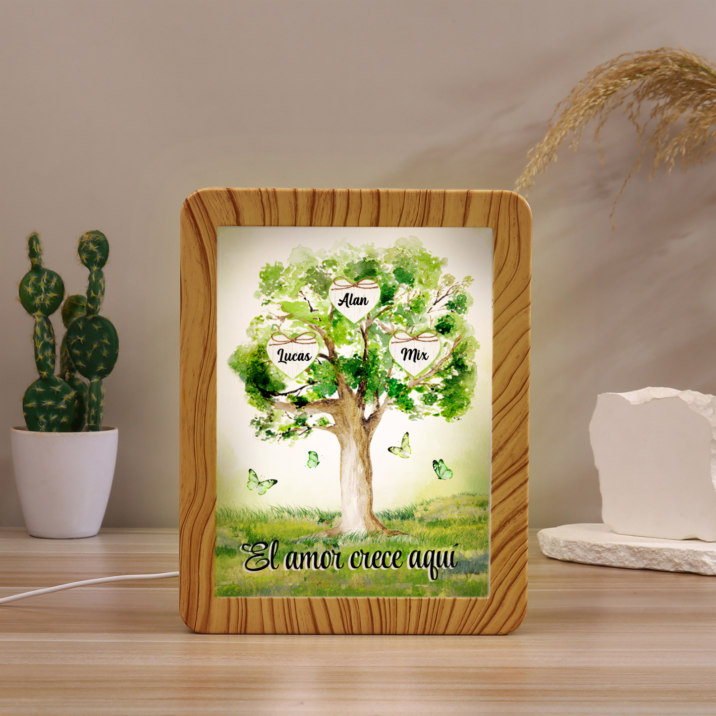 Marco/Espejo con LED Multifuncional Árbol de la Vida 2-8 Nombres Personalizados con 1 Texto-Jessemade ES