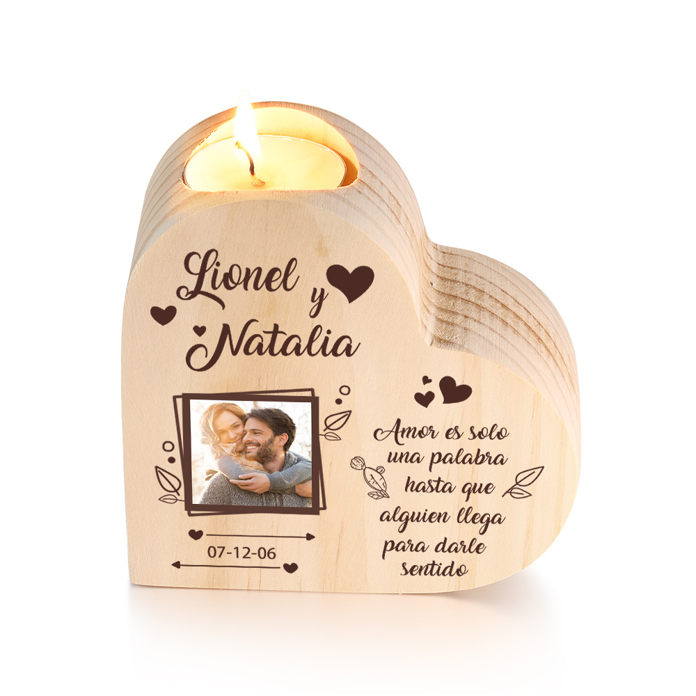 Candelero de madera con foto para pareja sin vela personalizado con texto y fecha-Jessemade ES
