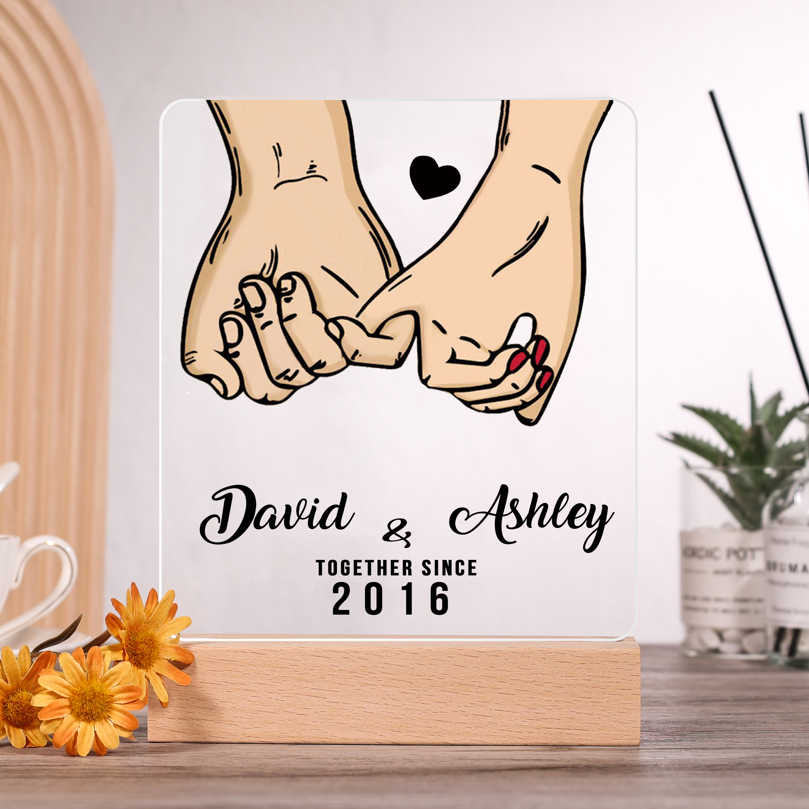 Lámpara dedos cogidos para pareja 3D Ilusión Luz de Noche LED 2 nombres, texto y año personalizados -Jessemade ES