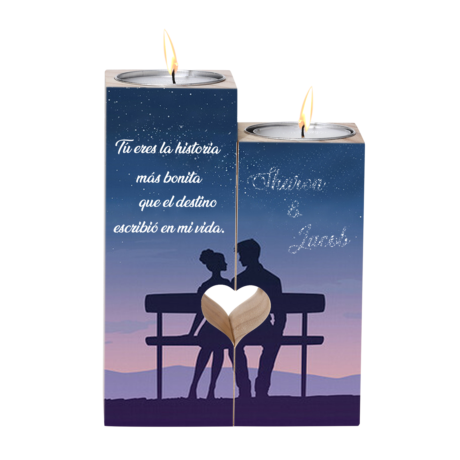 Candelero para pareja de madera de dos piezas sin candela con 2 nombres personalizados-Jessemade ES