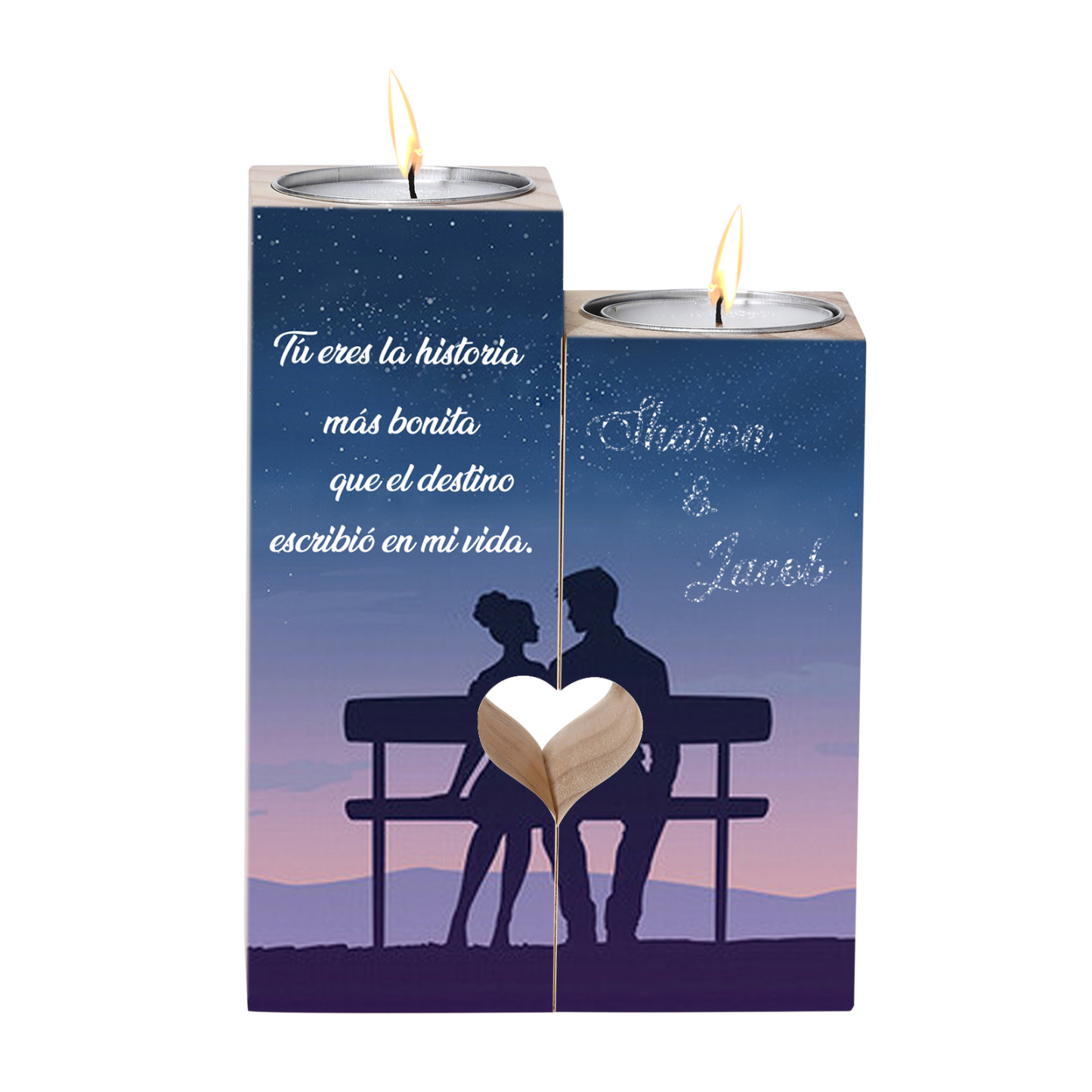 Candelero para pareja de madera de dos piezas sin candela con 2 nombres personalizados-Jessemade ES
