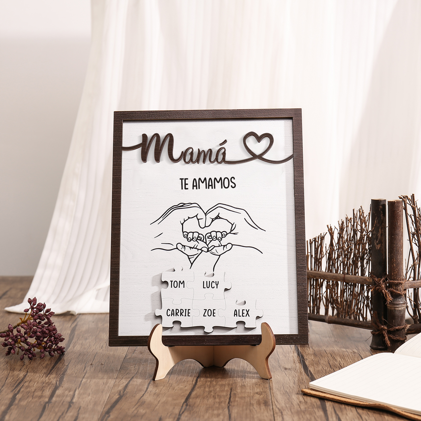 A mi mamá-Adorno 2-6 nombres y 1 texto personalizados decoración de madera rompecabezas-Jessemade ES
