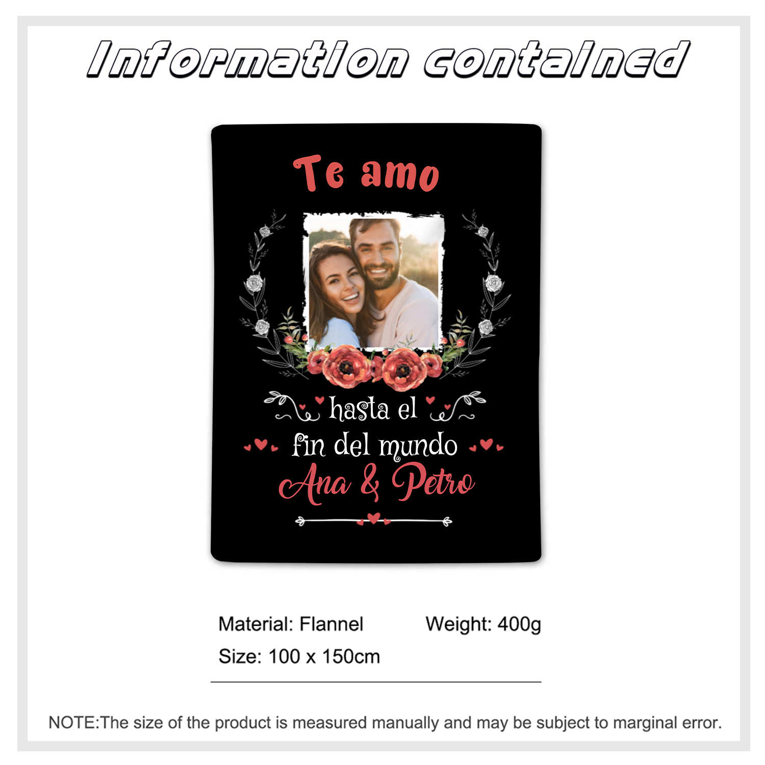 Pareja-Manta de buen calidad de foto personalizada con 2 nombres-Jessemade ES