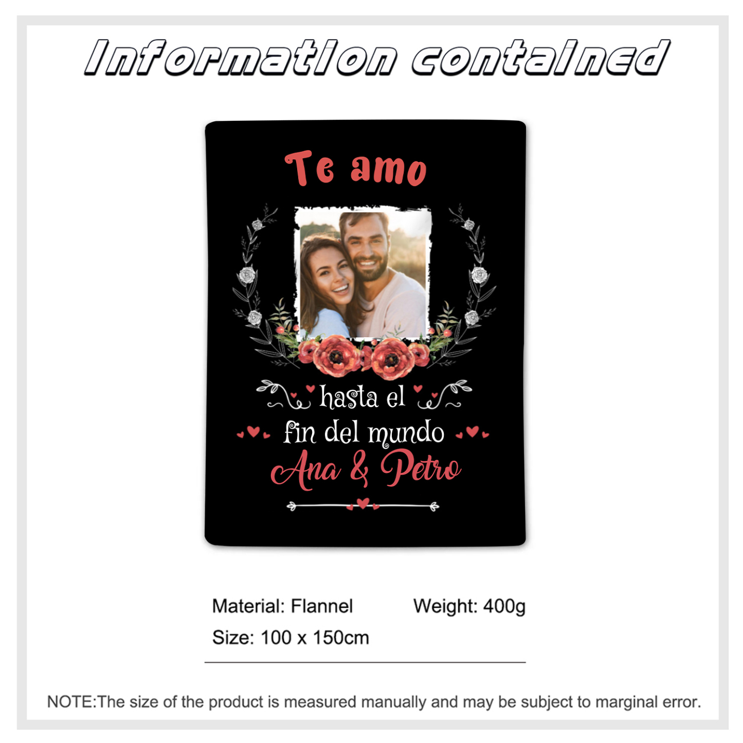 Pareja-Manta de buen calidad de foto personalizada con 2 nombres-Jessemade ES