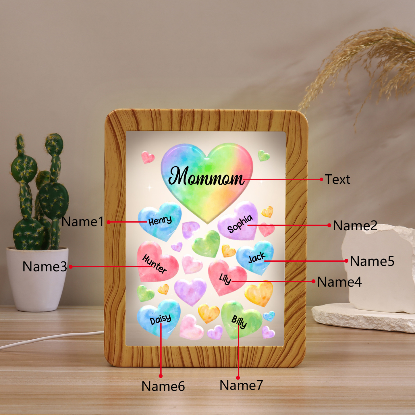 Marco/Espejo con LED Multifuncional Corazones 1-7 Nombres Personalizados con 1 Texto-Jessemade ES