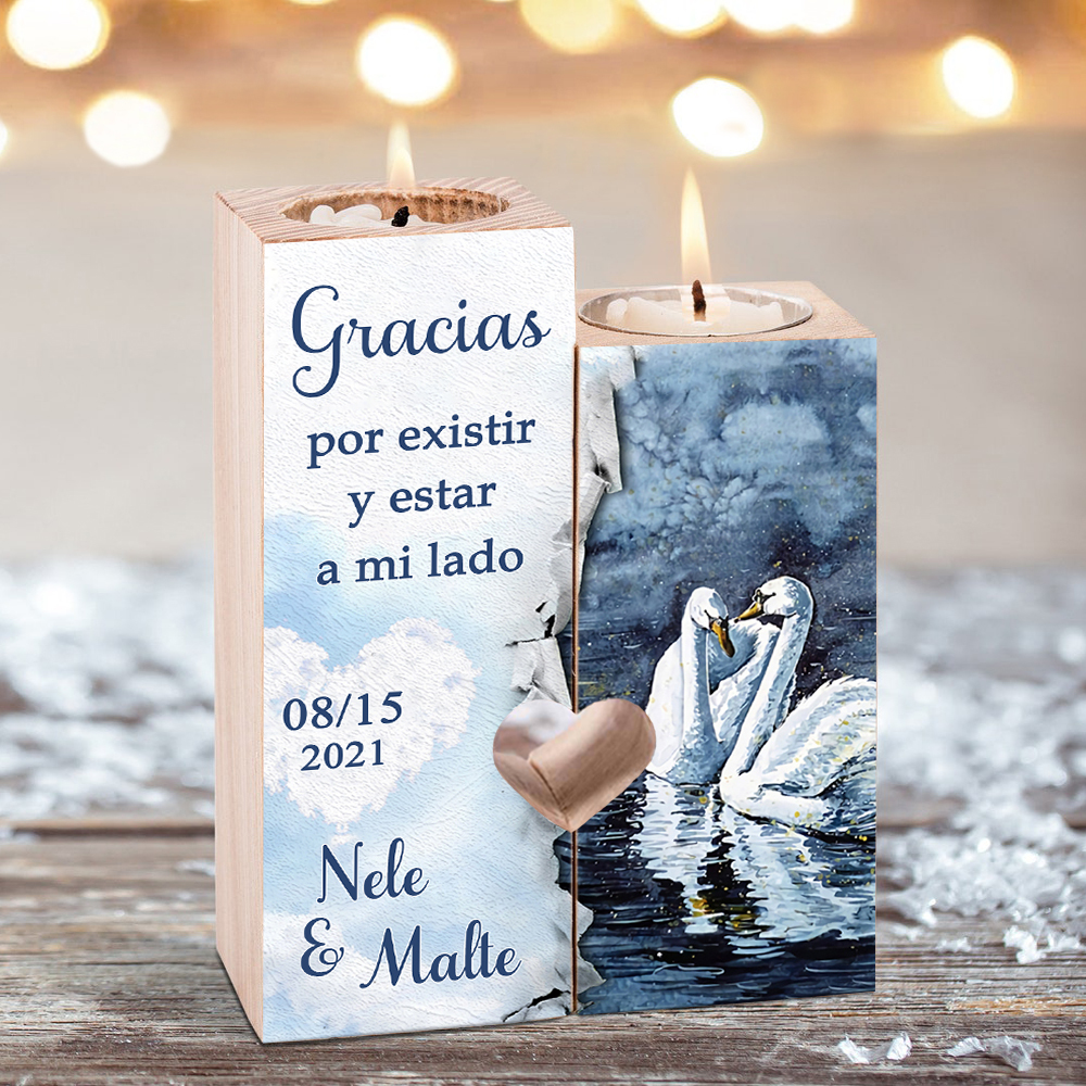 Candelero para pareja de madera de dos piezas sin candela con 2 nombres y fecha personalizados-Jessemade ES