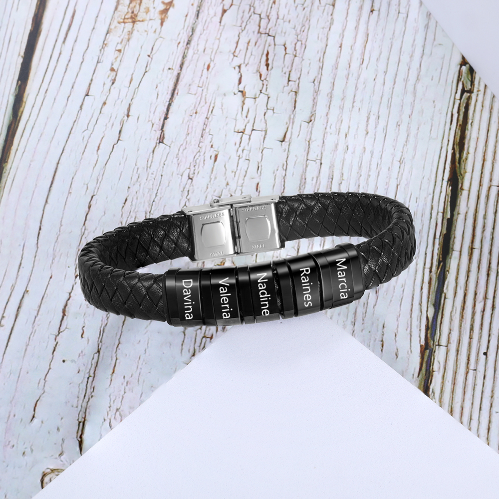 A mi querido-Pulsera de cuero trenzado de hombre con 5 perlas personalizadas con 5 nombres-Jessemade ES
