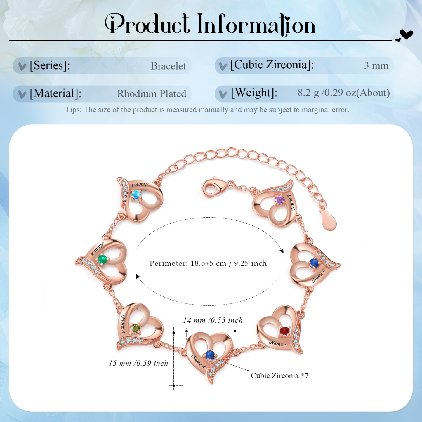 Pulsera 1-7 nombres y piedras personalizados con dije de corazón-Jessemade ES