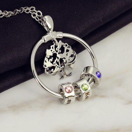 Collar con 1-5 círculos 1-5 piedras de nacimiento y nombres colgante de árbol de la vida plateado-Jessemade ES