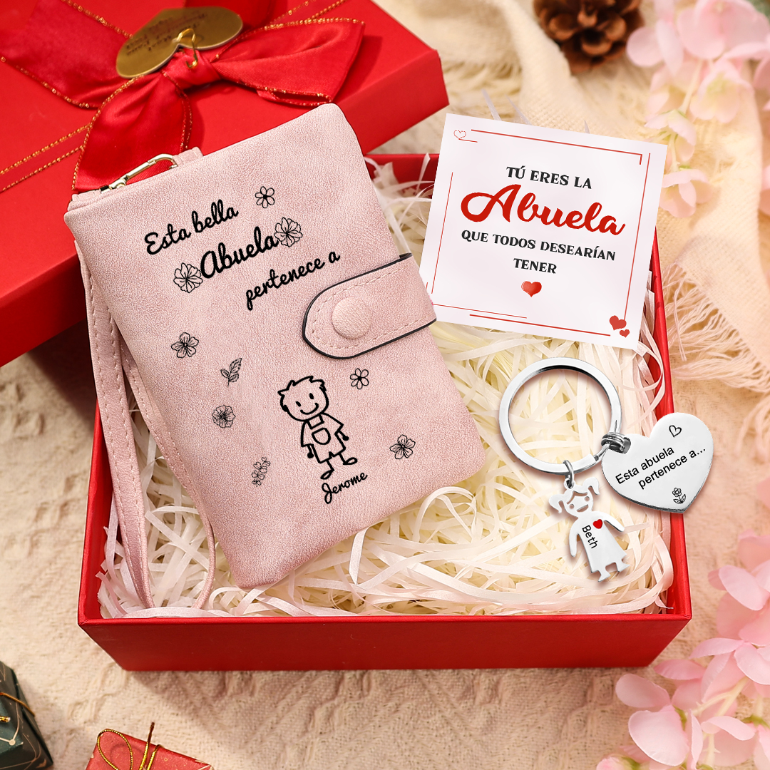A mi abuela - Kit de regalo de cartera, llavero "Esta abuela pertenece a..."con "niño" 1 nombre personalizado con tarjeta y caja | Jessemade