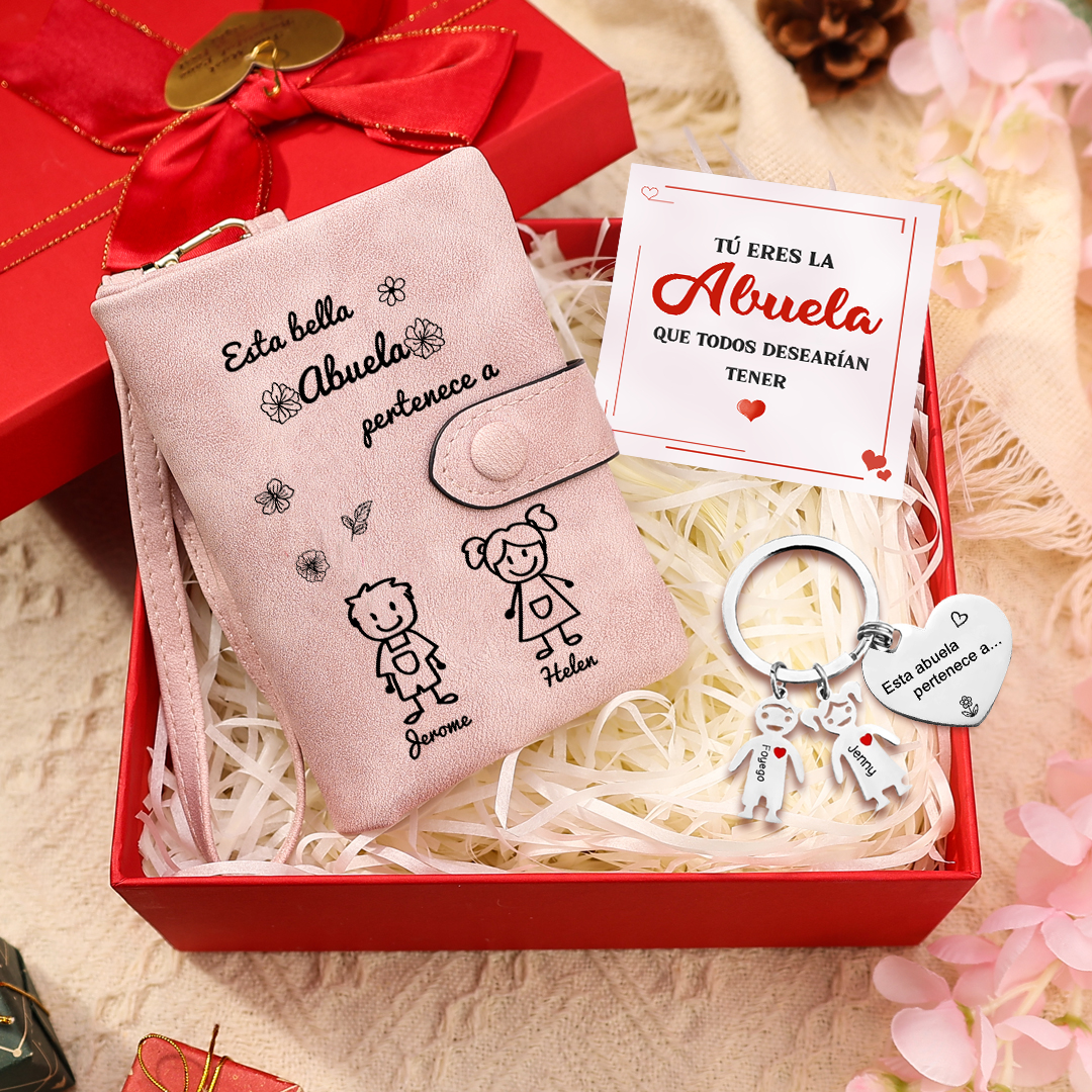 A mi abuela - Kit de regalo de cartera, llavero "Esta abuela pertenece a..."con "niño" 2 nombres personalizados con tarjeta y caja | Jessemade