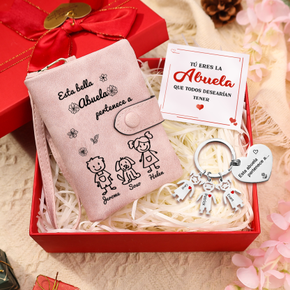 A mi abuela - Kit de regalo de cartera, llavero "Esta abuela pertenece a..."con "niño" 3 nombres personalizados con tarjeta y caja | Jessemade