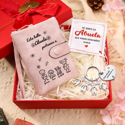A mi abuela - Kit de regalo de cartera, llavero "Esta abuela pertenece a..."con "niño" 4 nombres personalizados con tarjeta y caja | Jessemade