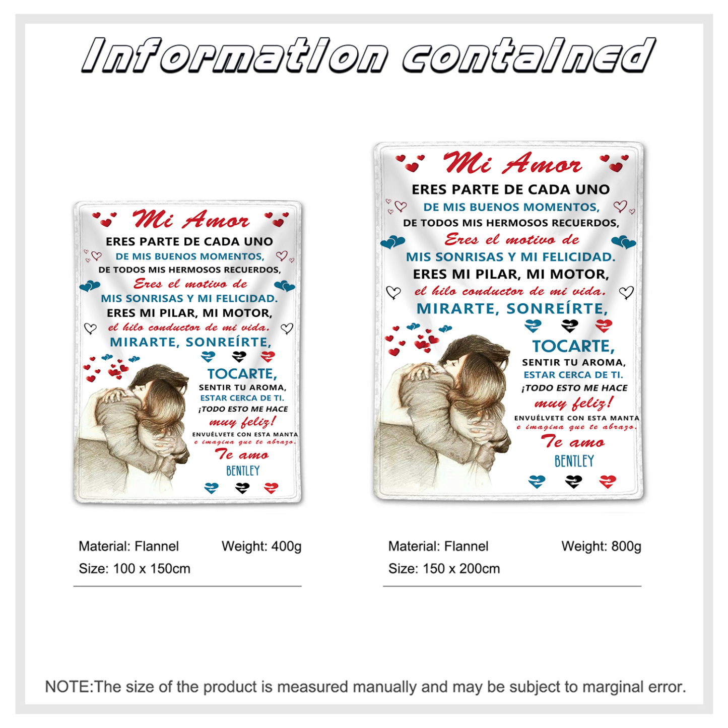 A mi amor-Manta de buen calidad con frase amoroso y personalizada con 1 nombre-Jessemade ES