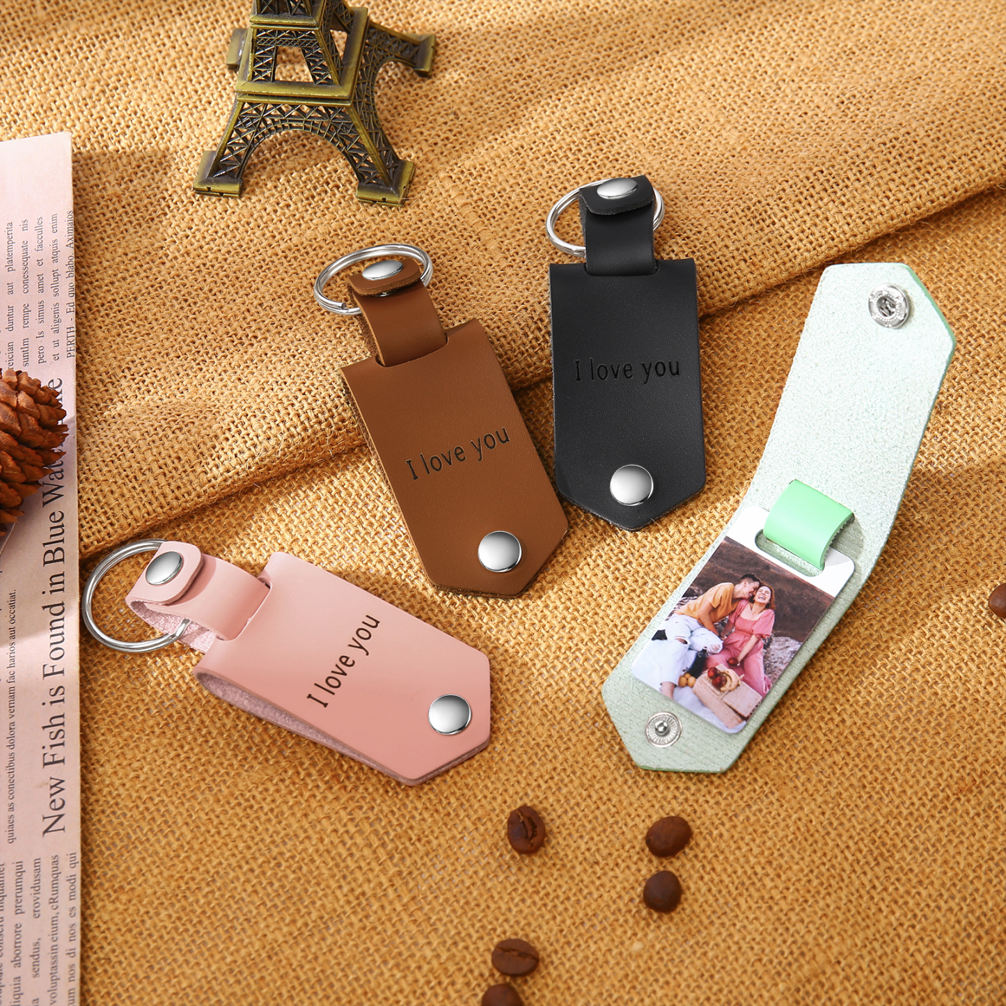Llavero para pareja de cuero personalizado con texto y foto-Jessemade ES