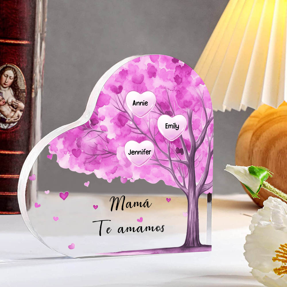 A mi mamá/abuela-Placa de acrílico "Árbol" en forma de corazón 3 nombres y 1 texto personalizados-Jessemade ES