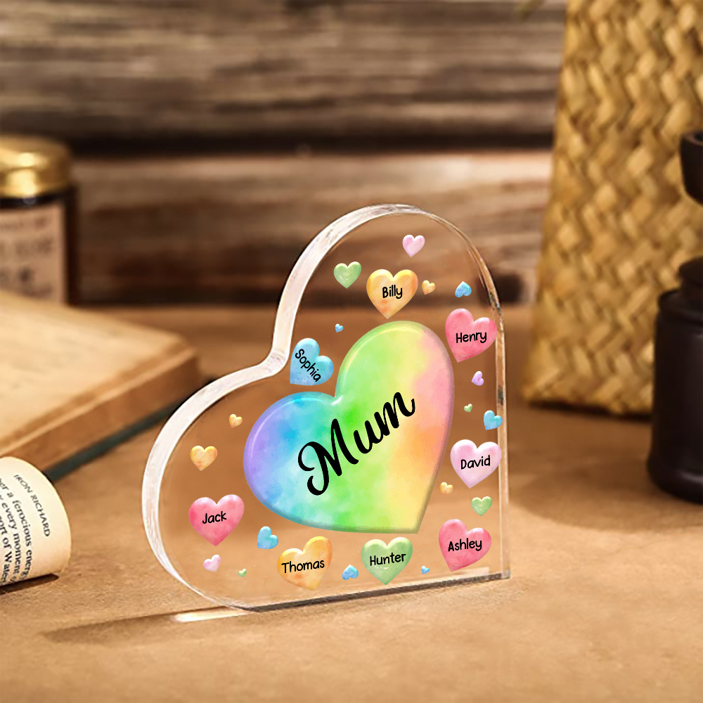 A mi mamá/abuela-Placa de acrílico "Corazones" en forma de corazón 8 nombres y 1 texto personalizados-Jessemade ES