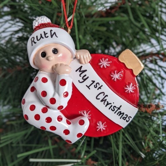Navidad-Bebé Ornamento Navideño 1 nombre y texto personalizados Adorno de Madera
