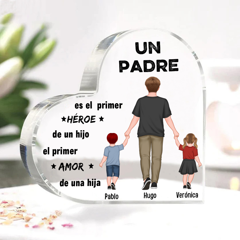 Placa de acrílico en forma de corazón papá e hijos con 3 nombres personalizados-Jessemade ES