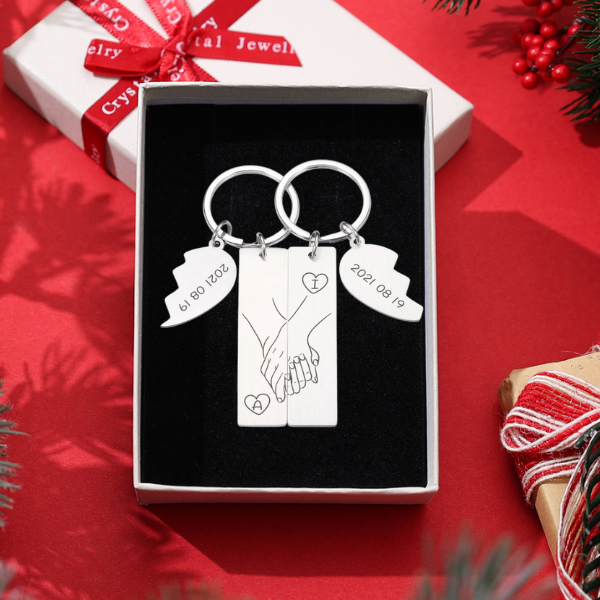 Con caja Navidad-Llavero para pareja mano a mano con fecha y 2 letras personalizadas-Jessemade ES