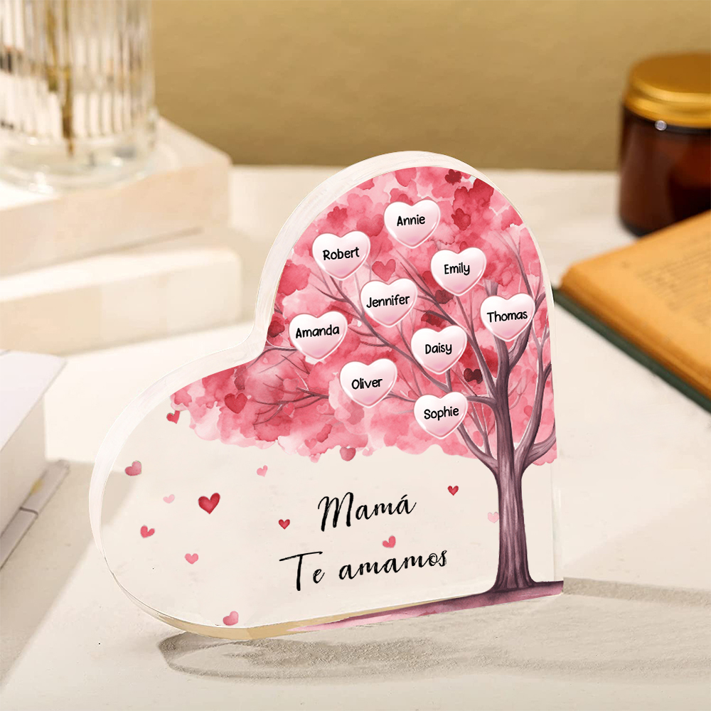 A mi mamá/abuela-Placa de acrílico "Árbol" en forma de corazón 9 nombres y 1 texto personalizados-Jessemade ES