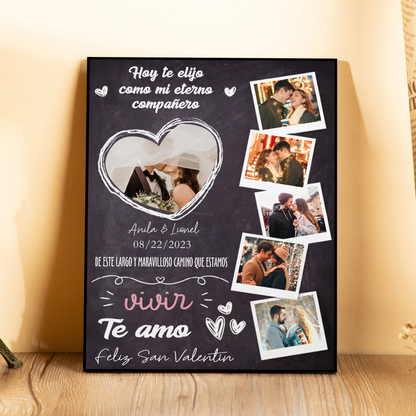 San Valentín-Lámina marco de madera para pareja personalizado con texto, fecha y 6 fotos-Jessemade ES