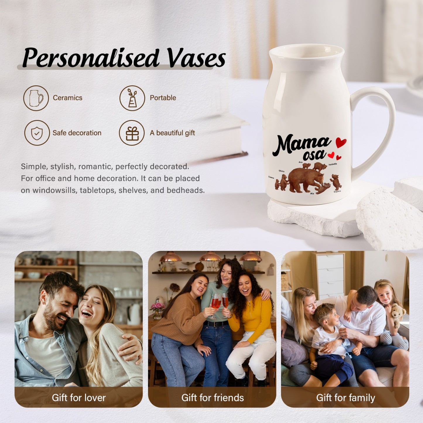 Florero de cerámica mamaosa y sus bebés 2-8 nombres personalizados con texto decoración del hogar-Jessemade ES