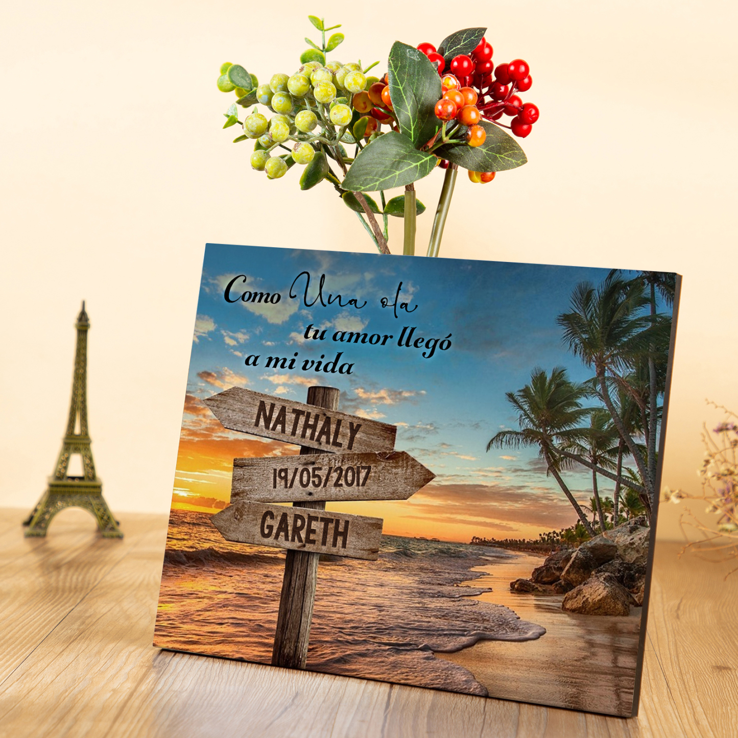 Lámina playa marco de madera para pareja personalizado con 2 nombres y fecha-Jessemade ES