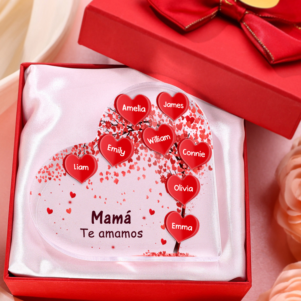 A mi mamá/abuela-Placa de acrílico "Corazones" en forma de corazón 8 nombres y 1 texto personalizados-Jessemade ES