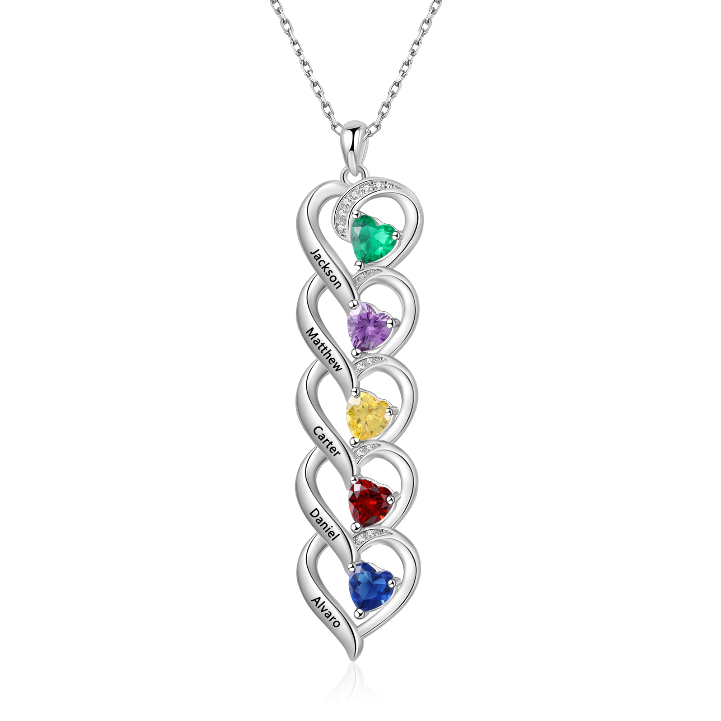Collar de cinco corazones con 5 nombres y piedras de nacimiento personalizados-Jessemade ES