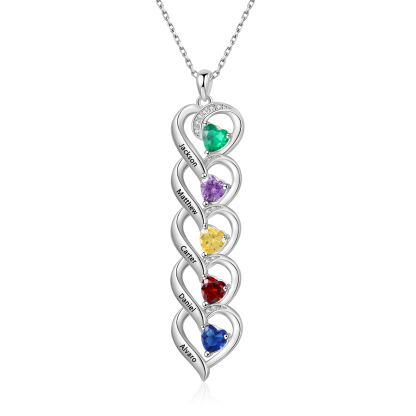 Collar de cinco corazones con 5 nombres y piedras de nacimiento personalizados-Jessemade ES