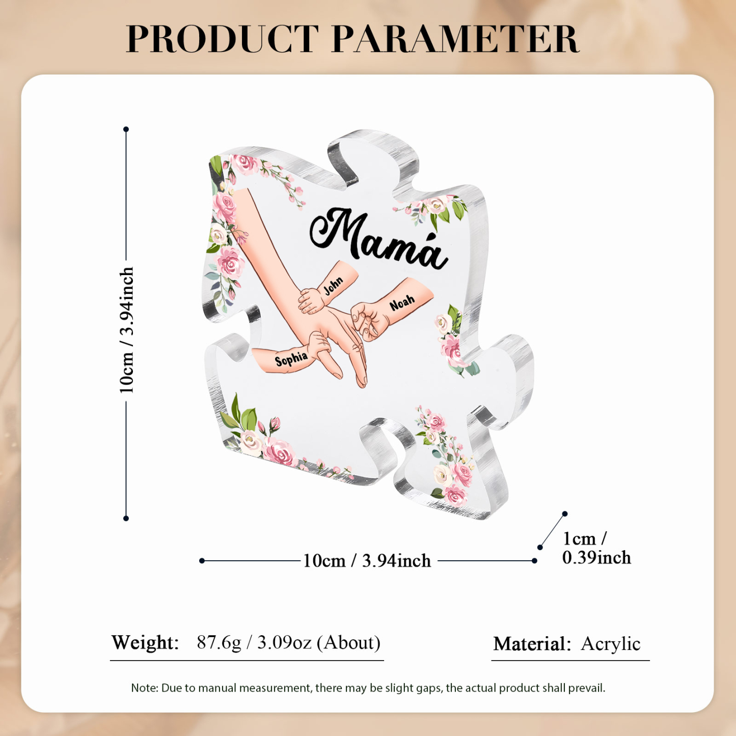 A mi mamá/abuela-Placa de acrílico en forma de corazón mano a mano con 1 texto y 3 nombres personalizados | Jessemade