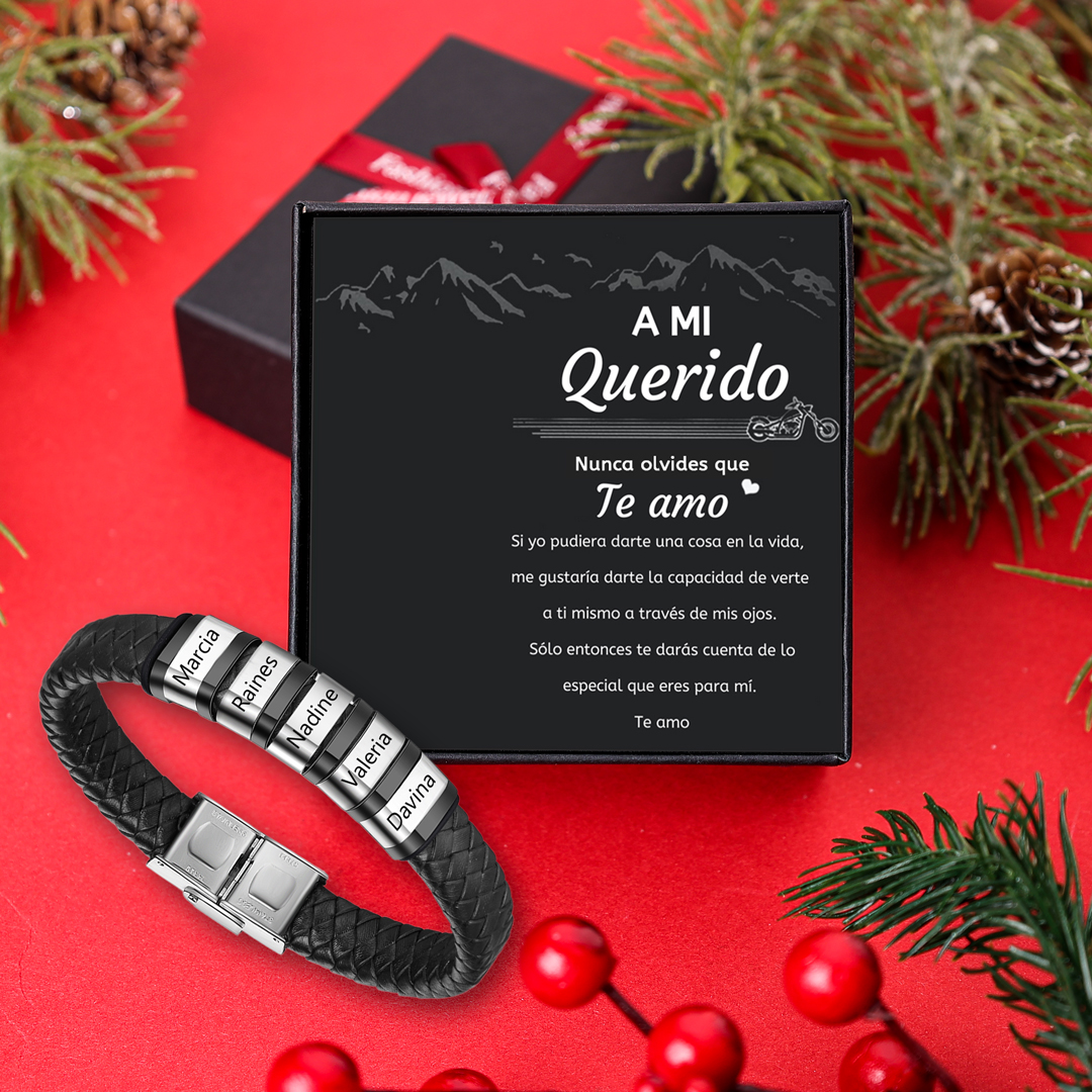 A mi querido-Pulsera de cuero trenzado de hombre con 5 perlas personalizadas con 5 nombres-Jessemade ES