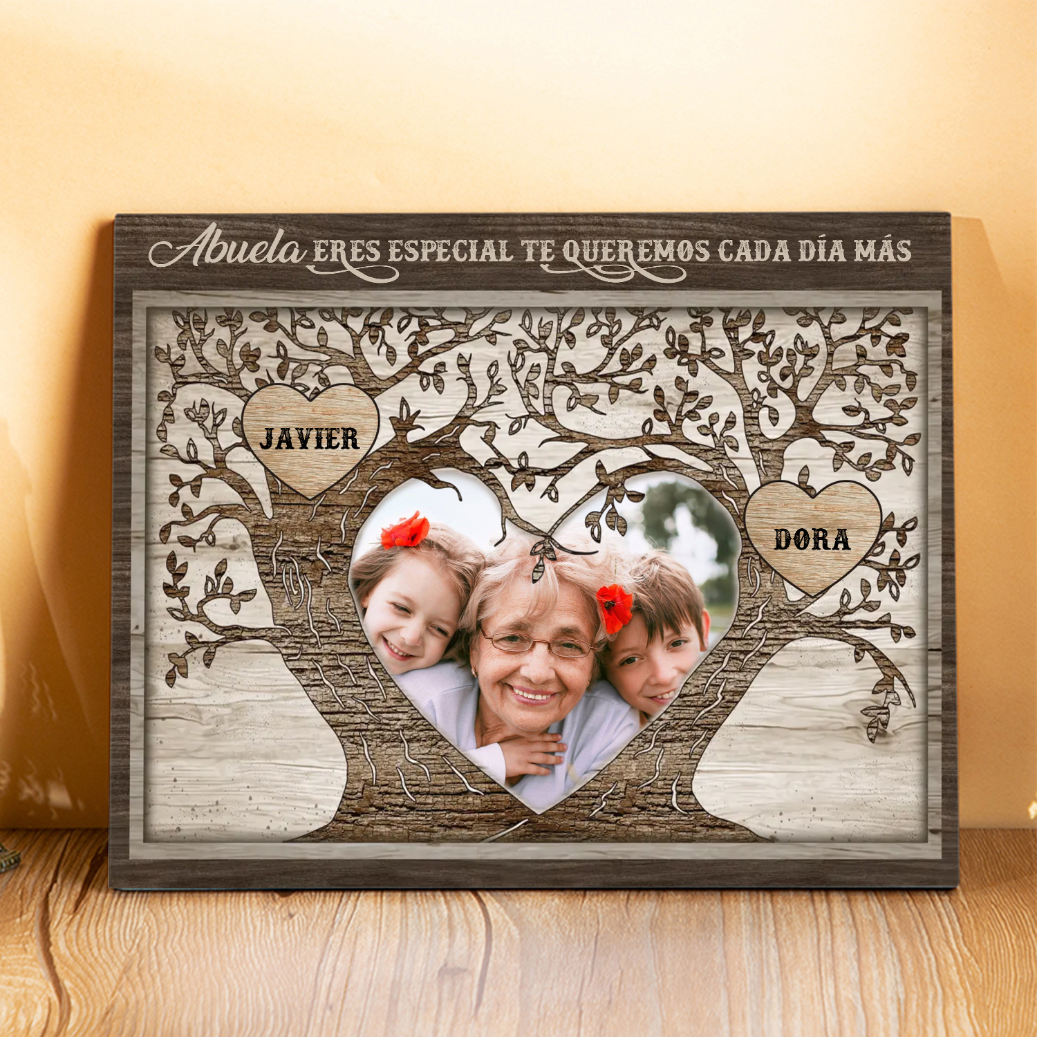 A familia - Lámina 2-9 nombres y 1 foto personalizados marco de madera árbol de la vida-Jessemade ES