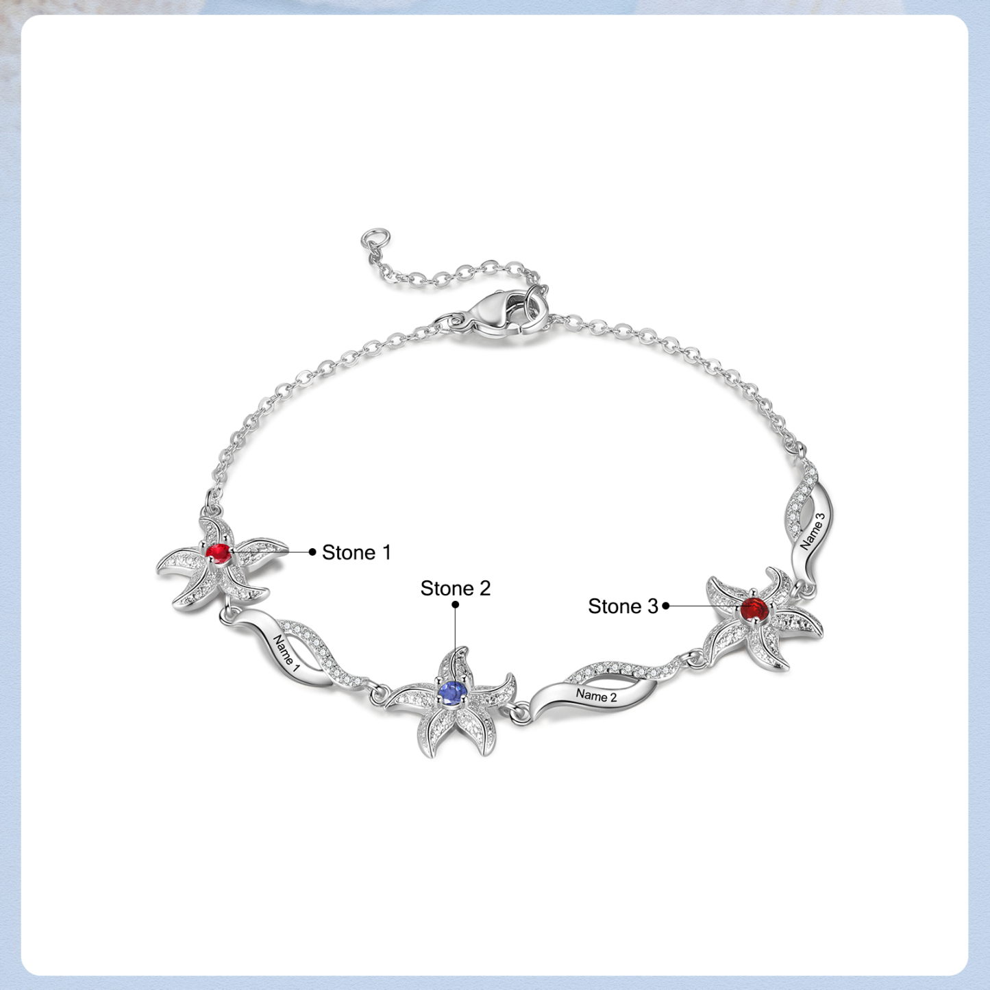 Pulsera con dije de estrella de mar para mujer personalizada con 3 nombres y 3 piedras de nacimiento-Jessemade ES