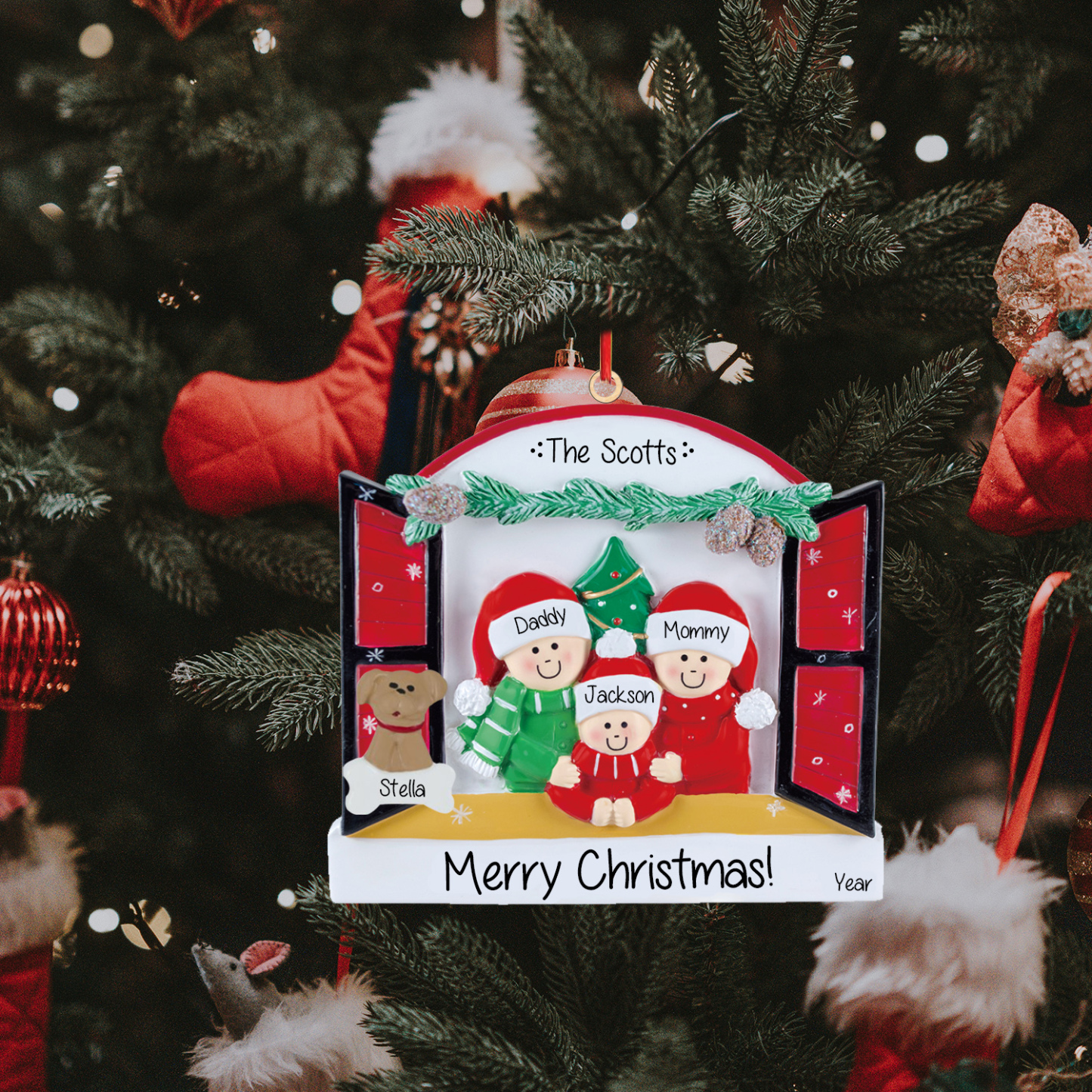 Navidad-Ornamentos Navideños de Madera Familia de 2-4 con Perro 3-5 Nombres Personalizados con 2 Textos y Año-Jessemade ES