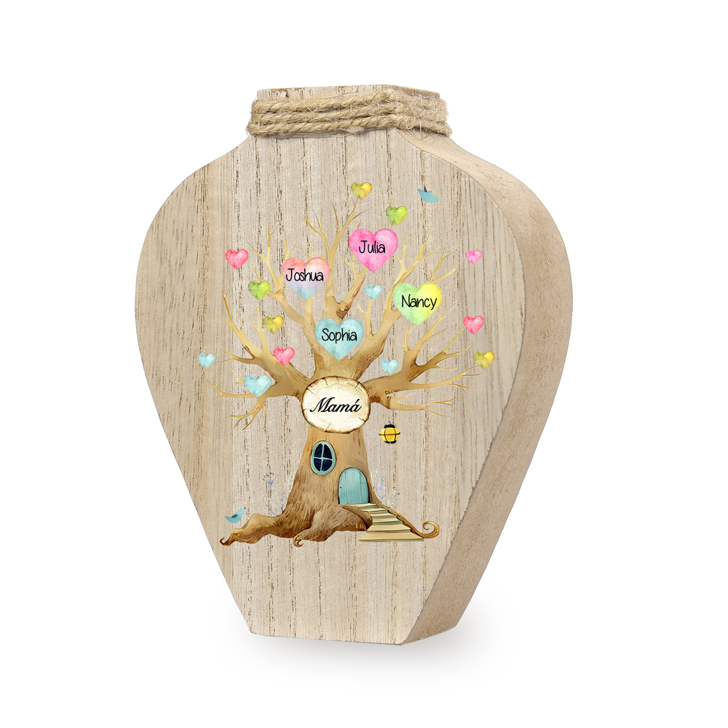 Florero de madera árbol de corazones 4 nombres personalizados con texto decoración del hogar-Jessemade ES